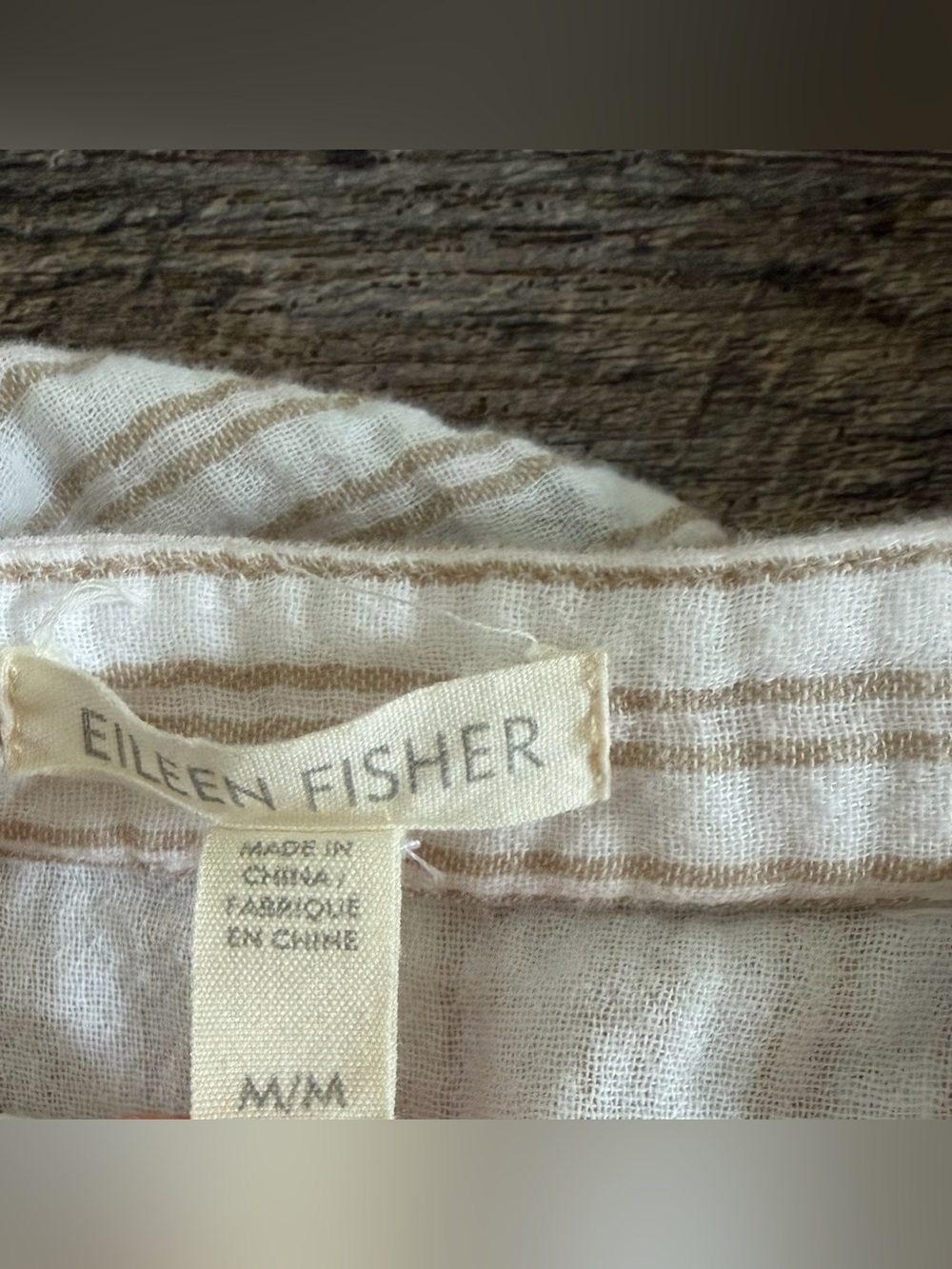 Eileen Fisher (M) Organic Cotton Mandarin Collar 3/4 sleeve Neutral Oat Stripe - Picture 3 of 10